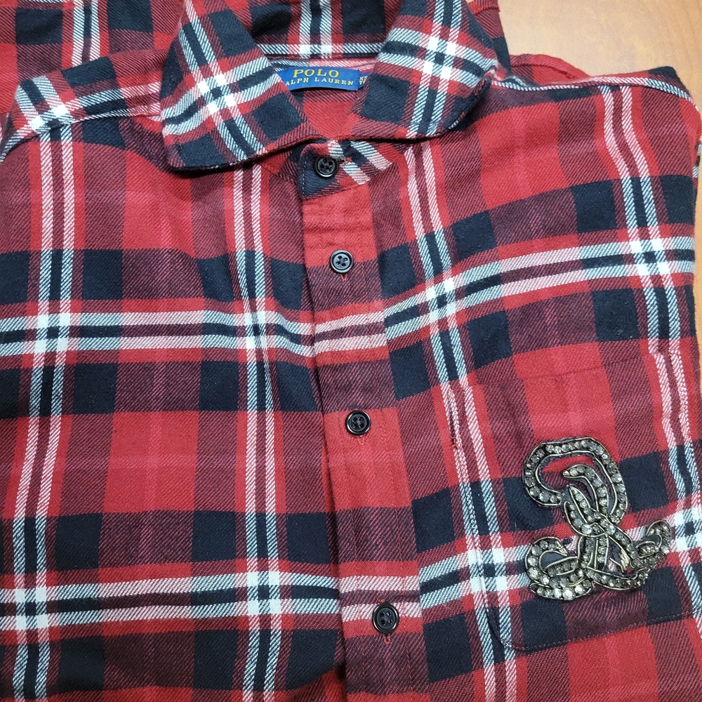 Polo‎ Ralph Lauren red plaid tartan flannel shirt with embellished logo Size XS